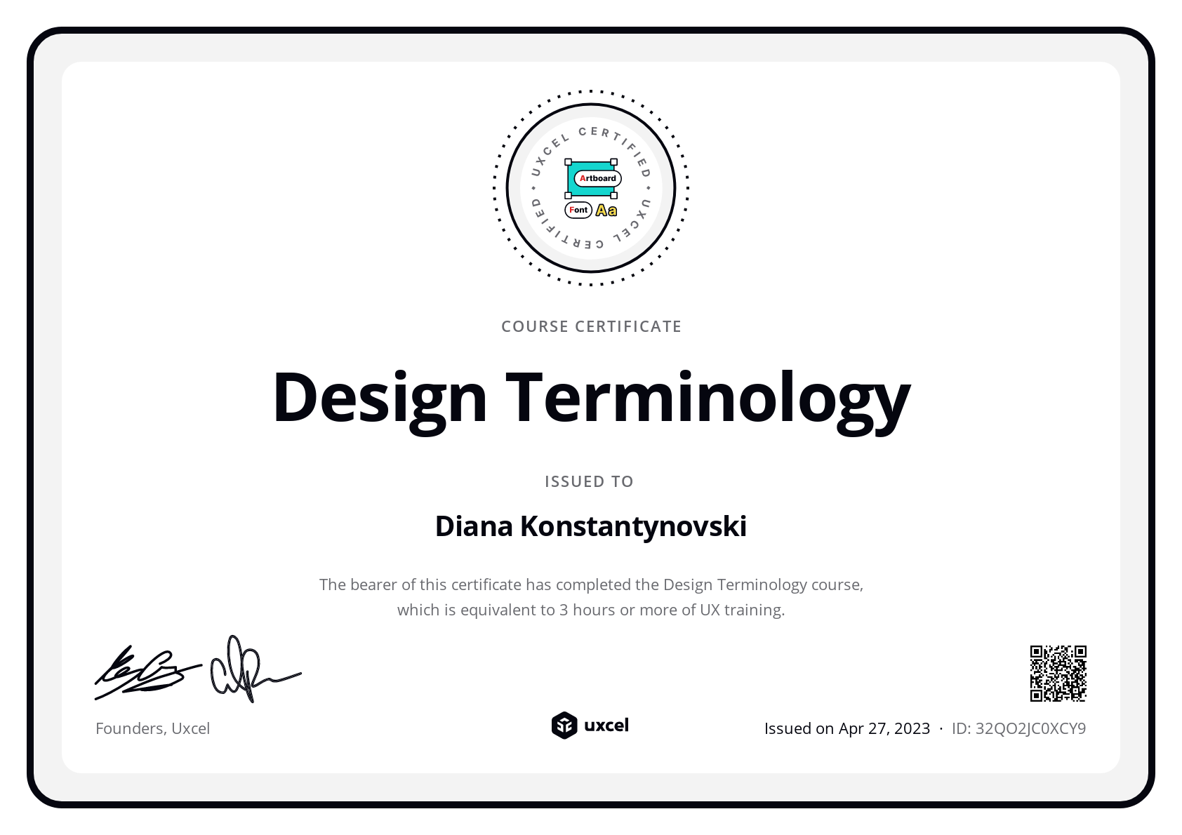 Diana Konstantynovski's certificate